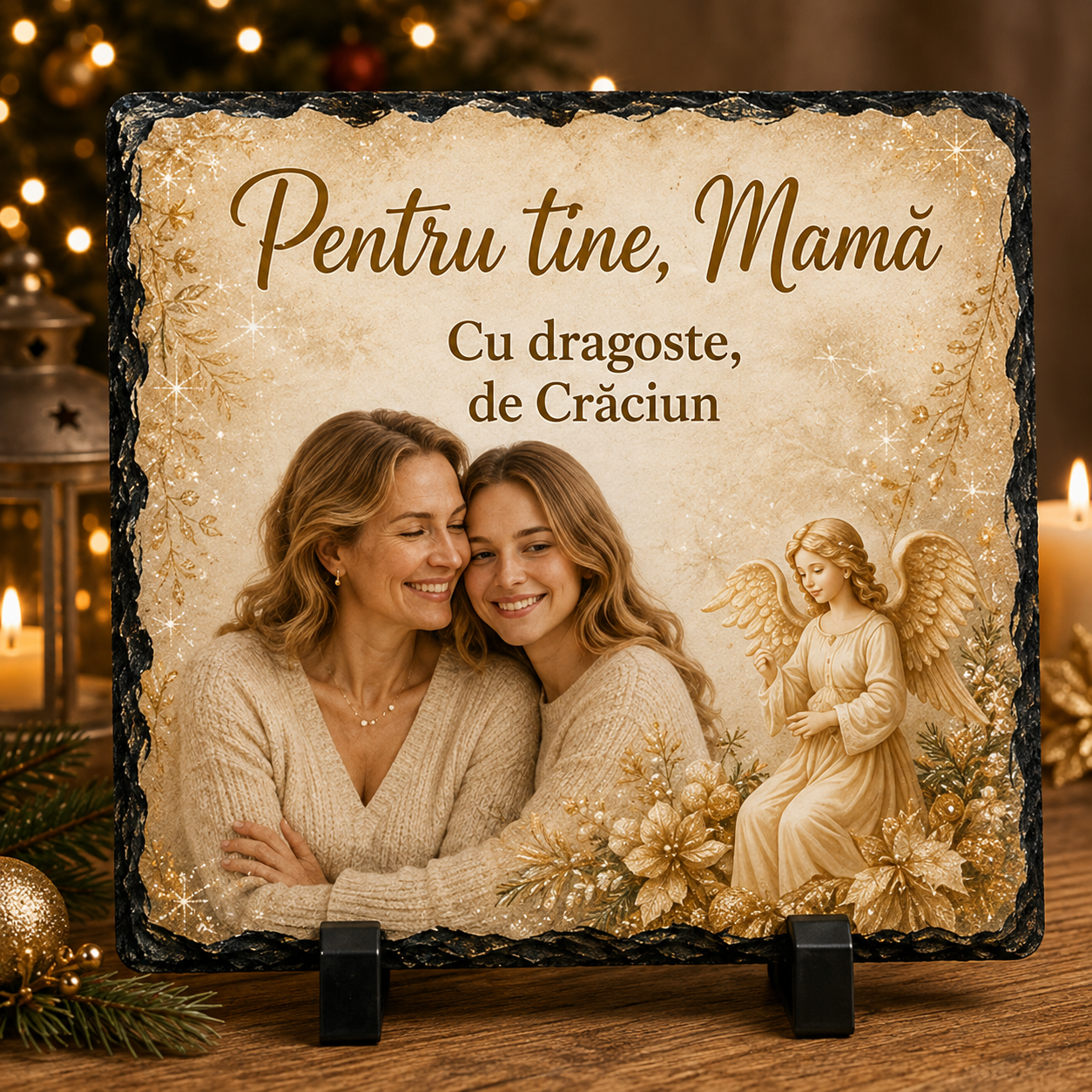 Piatră Ardezie Personalizată de Crăciun pentru Mamă 20x20 cm cu Poză – „Pentru Tine, Mamă – Cu Dragoste, de Crăciun”
