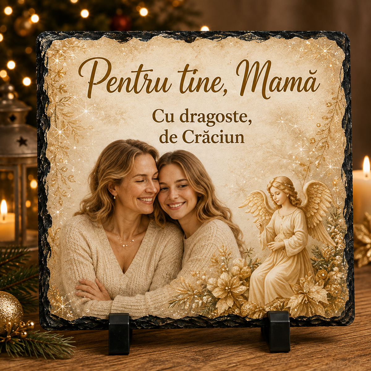 Piatră Ardezie Personalizată de Crăciun pentru Mamă 20x20 cm cu Poză – „Pentru Tine, Mamă – Cu Dragoste, de Crăciun”