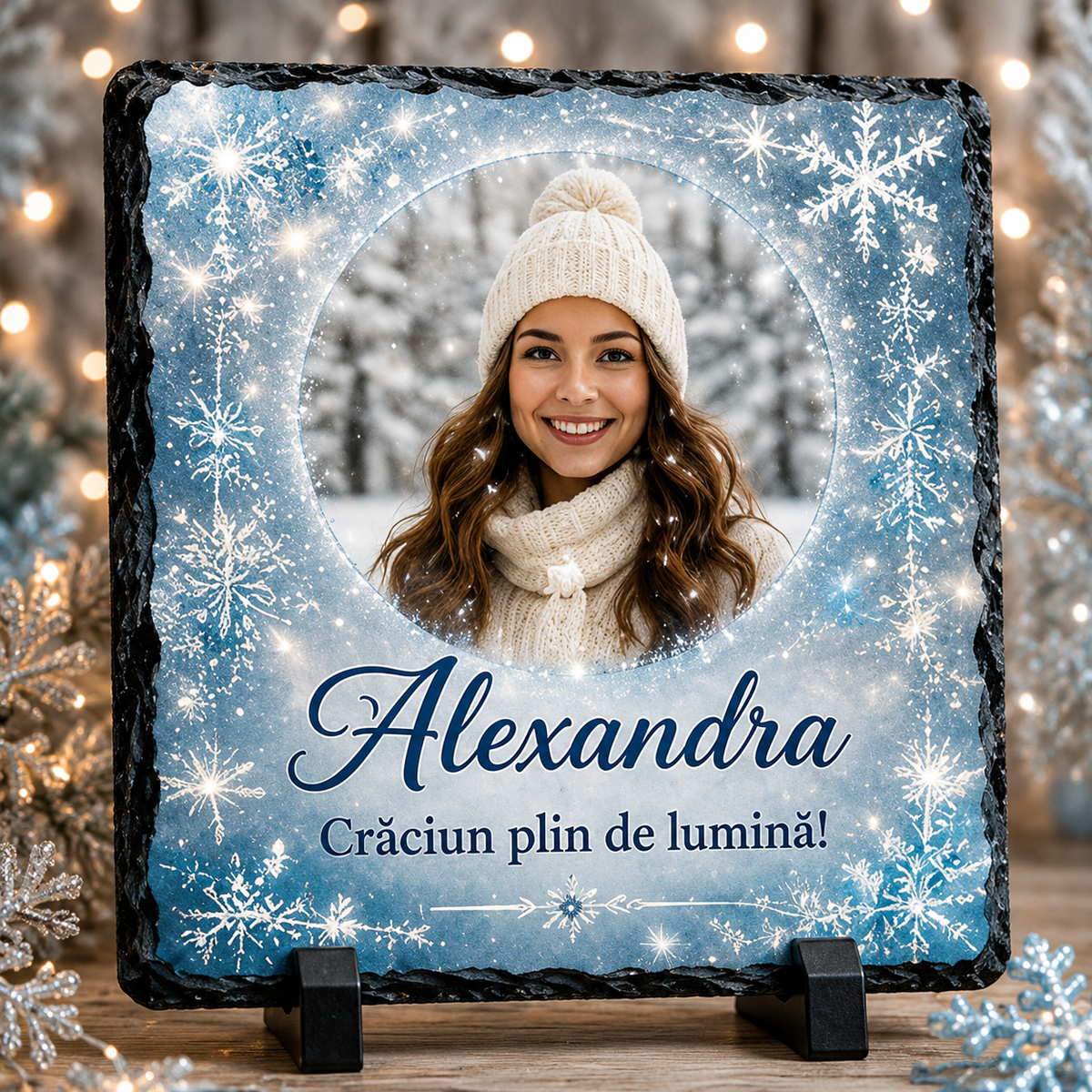 Piatră Ardezie Personalizată de Crăciun 20x20 cm cu Poză și Nume – Design de Iarnă „Crăciun plin de lumină!”