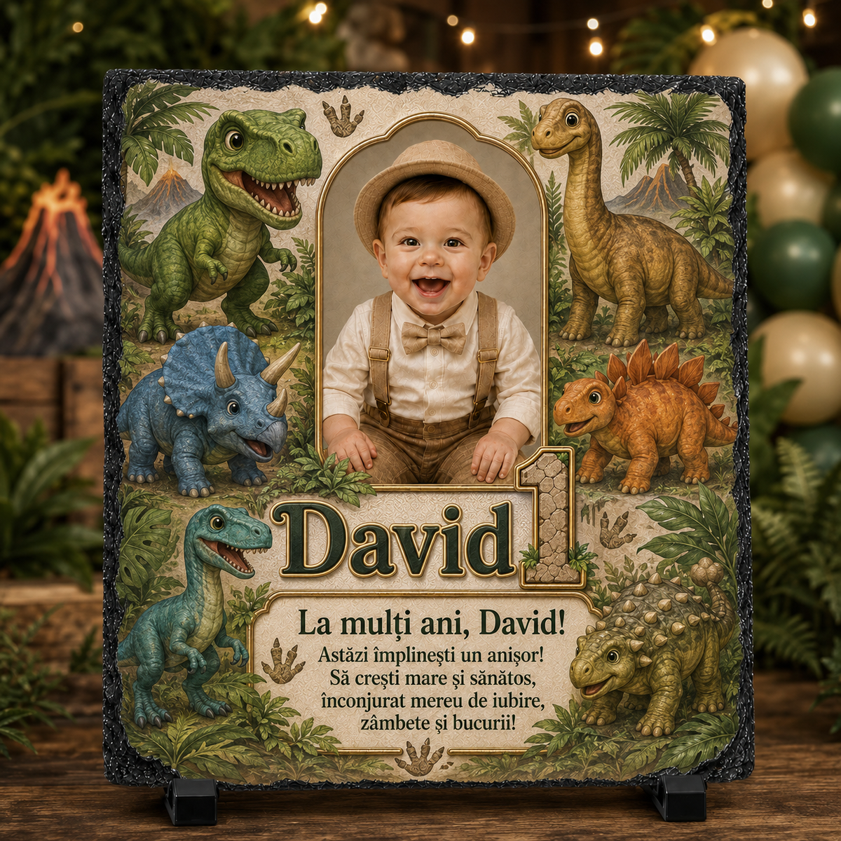 Placă ardezie personalizată 20x20 cm cu poză, nume și dinozauri – Cadou aniversar pentru băiețel de 1 an