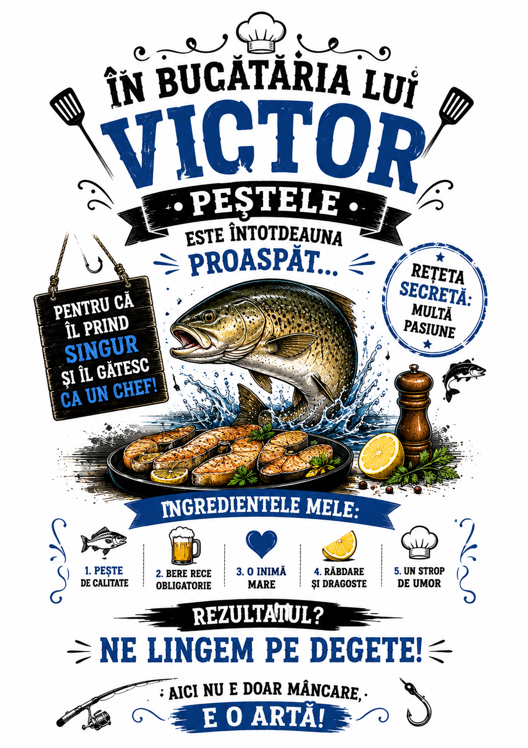 Șorț Personalizat cu Nume „În bucătăria lui Victor peștele e întotdeauna proaspăt” – Cadoul Perfect pentru Pescari și Iubitorii de Pește