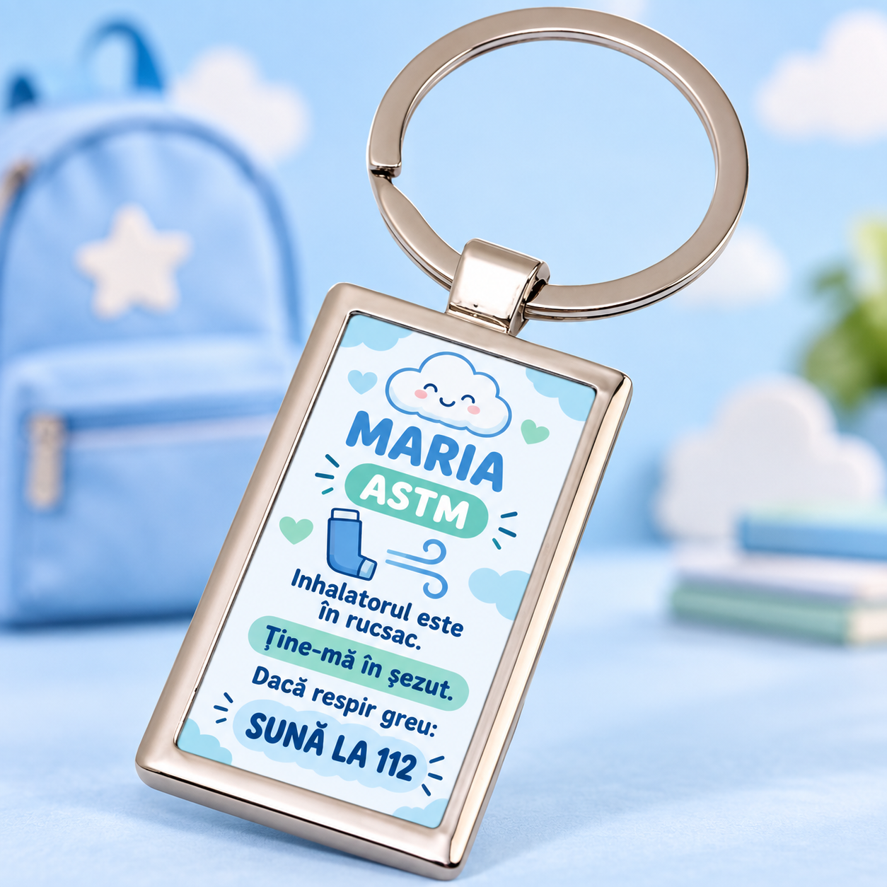 Breloc dreptunghiular personalizat pentru copii cu astm – informații de urgență