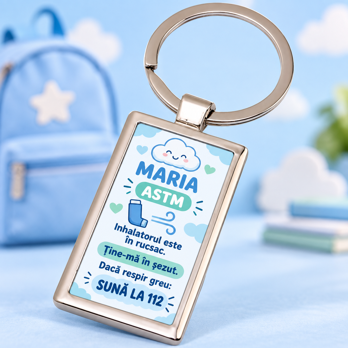 Breloc dreptunghiular personalizat pentru copii cu astm – informații de urgență