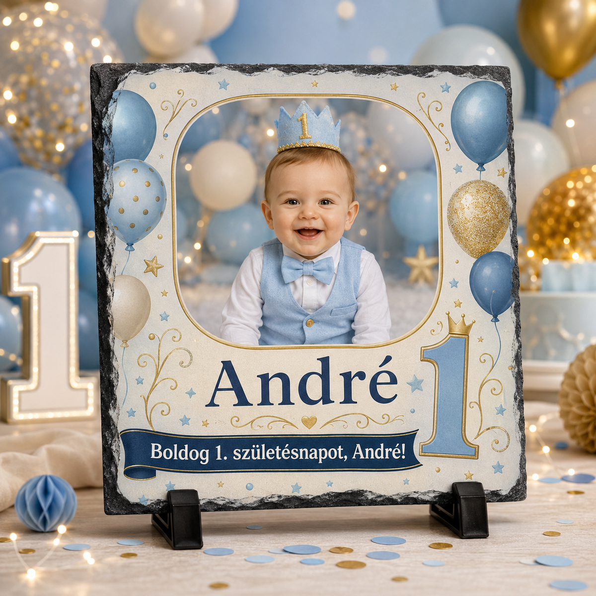 Placă ardezie personalizată 20x20 cm cu fotografie, nume și mesaj în limba maghiară – Cadou pentru băiețel de 1 an