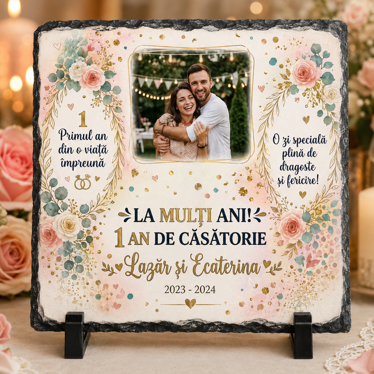 Placă Ardezie Personalizată 20×20 cm – 1 An de Căsătorie, Prima Aniversare cu Poză și Nume