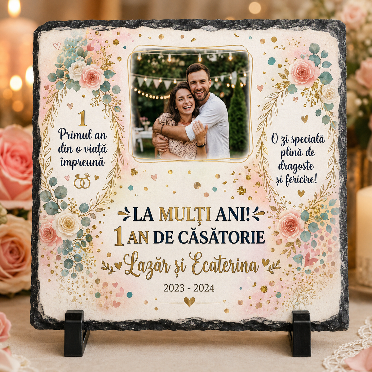 Placă Ardezie Personalizată 20×20 cm – 1 An de Căsătorie, Prima Aniversare cu Poză și Nume