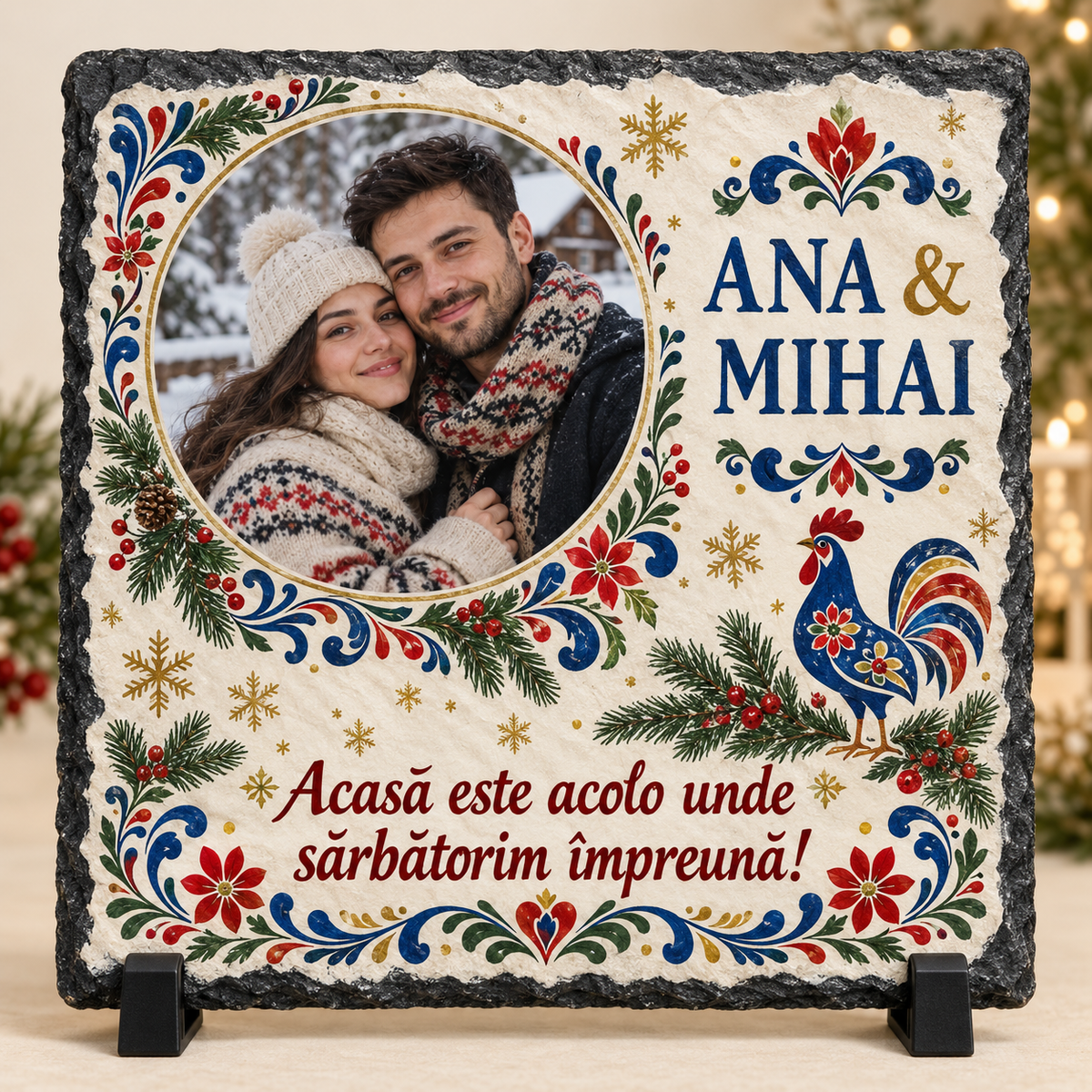 Placă Ardezie Personalizată 20×20 cm pentru Cuplu – Cadou de Crăciun cu Poză și Nume, Design Tradițional Românesc