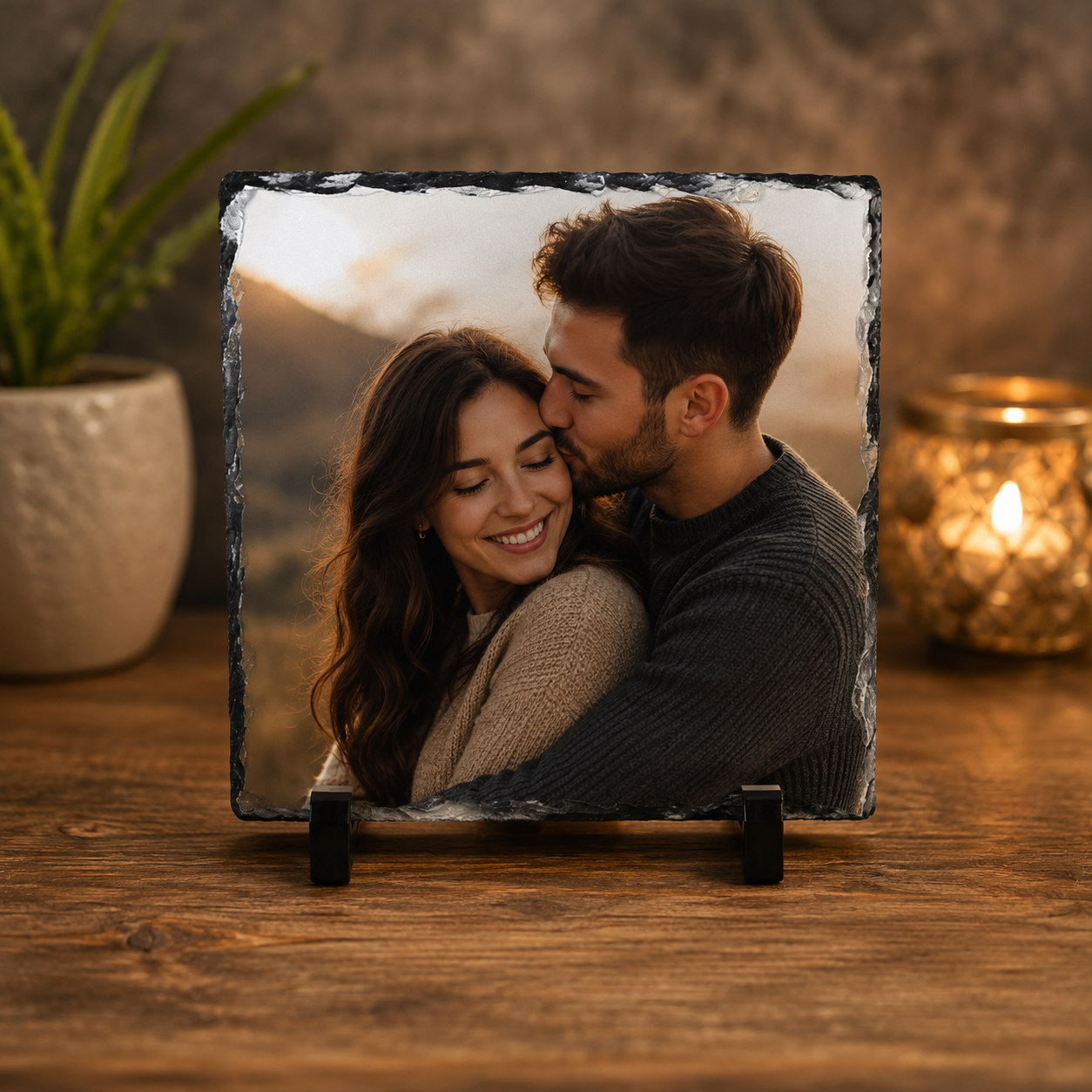 Placă din Ardezie Personalizată 20 × 20 cm cu Poză – Cadoul Perfect pentru Cupluri