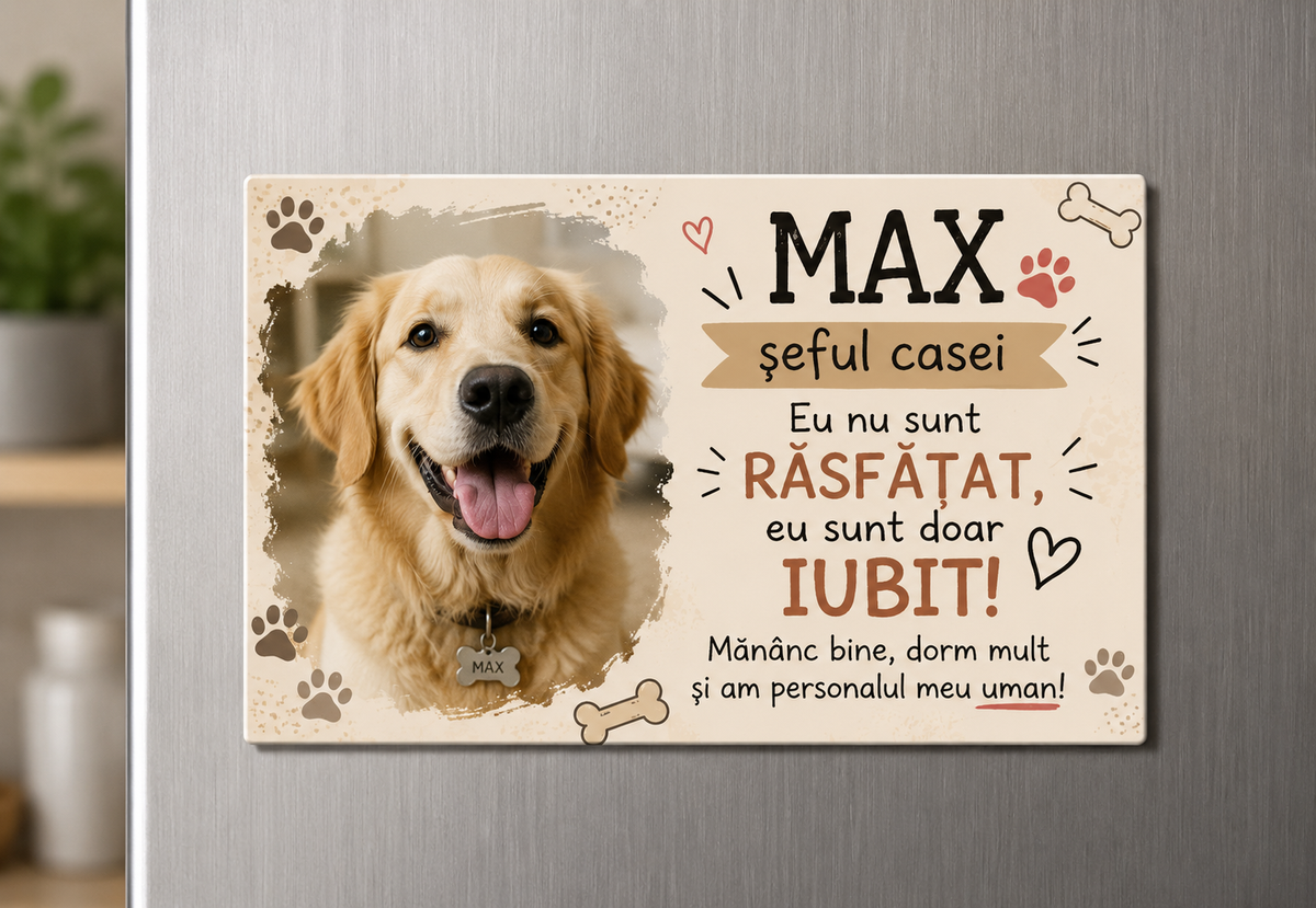 Magnet de frigider personalizat cu animalul de companie – poză, nume și mesaj amuzant