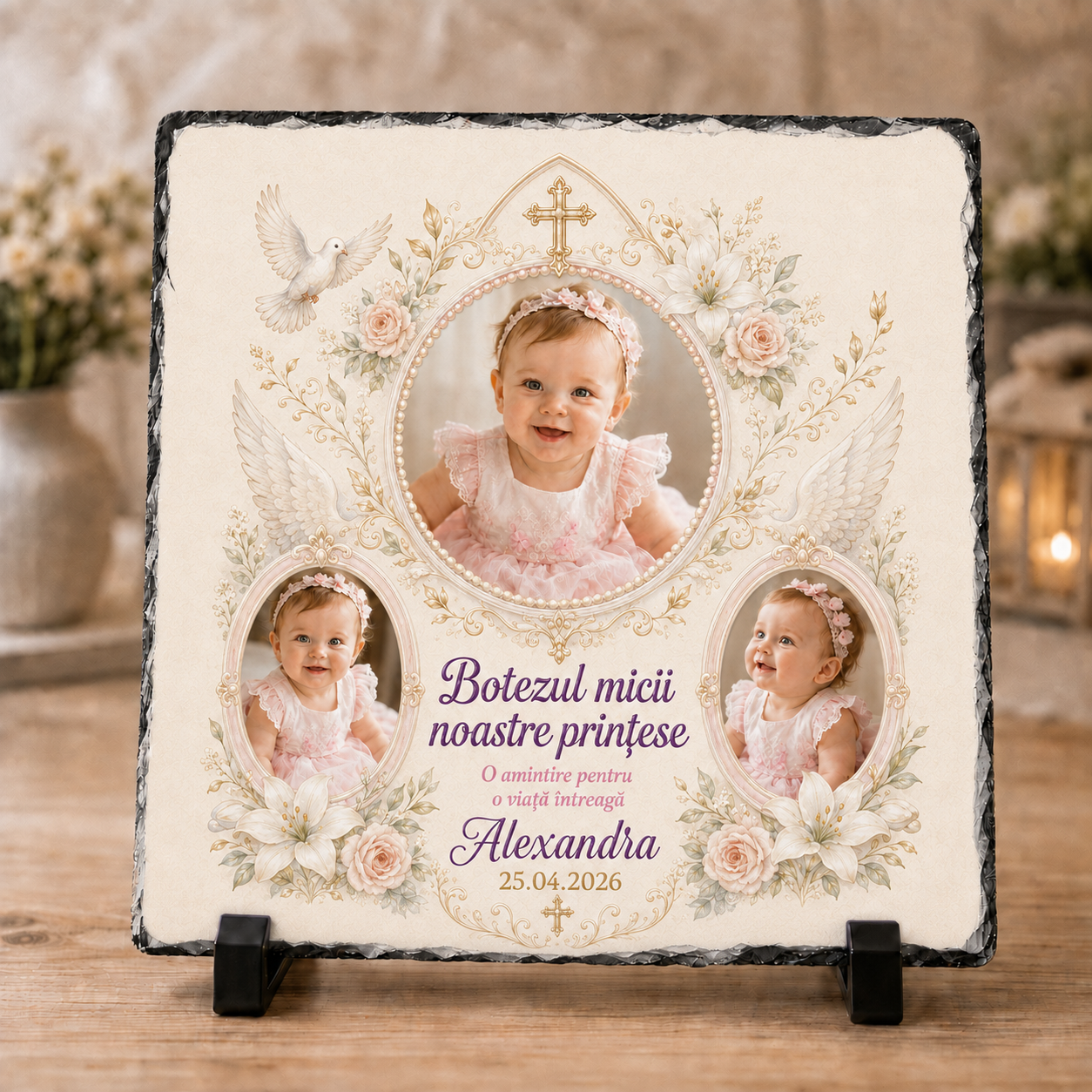 Placă ardezie personalizată botez fetiță 20×20 cm – 3 fotografii, nume și dată