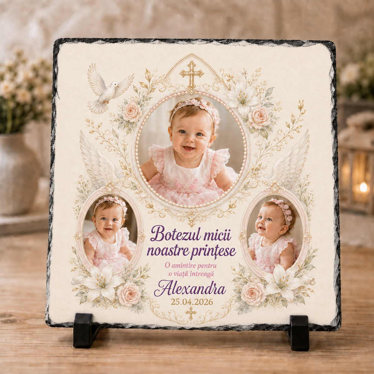 Placă ardezie personalizată botez fetiță 20×20 cm – 3 fotografii, nume și dată