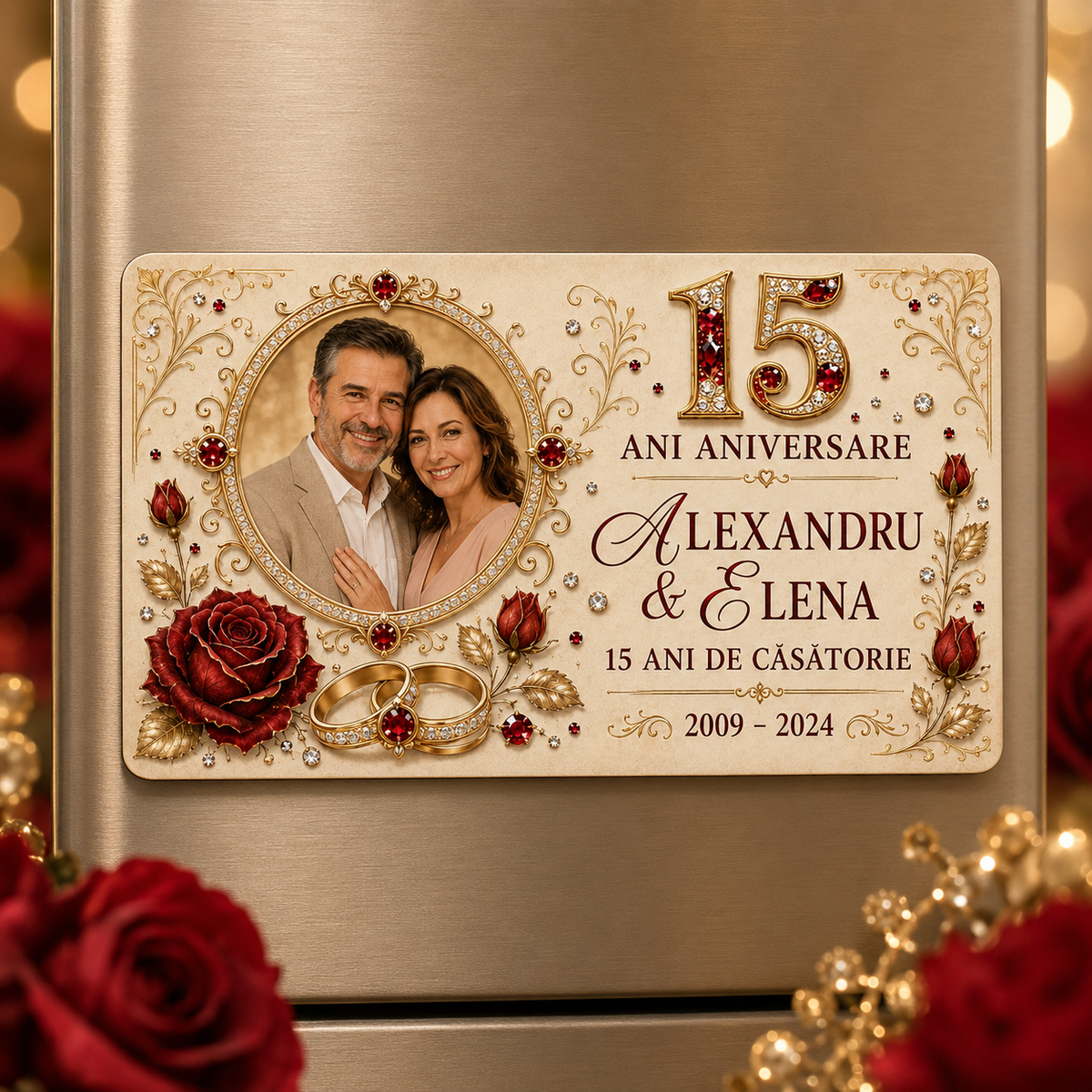 Magnet personalizat 15 ani de căsătorie – Nunta de Cristal, 9 × 5,5 cm