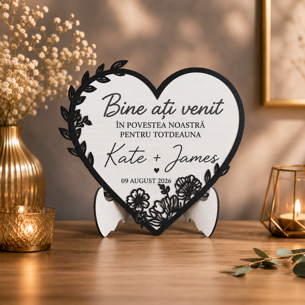 Plachetă Decorativă Personalizată în Formă de Inimă – Cadou Elegant pentru Nuntă, Logodnă sau Aniversare