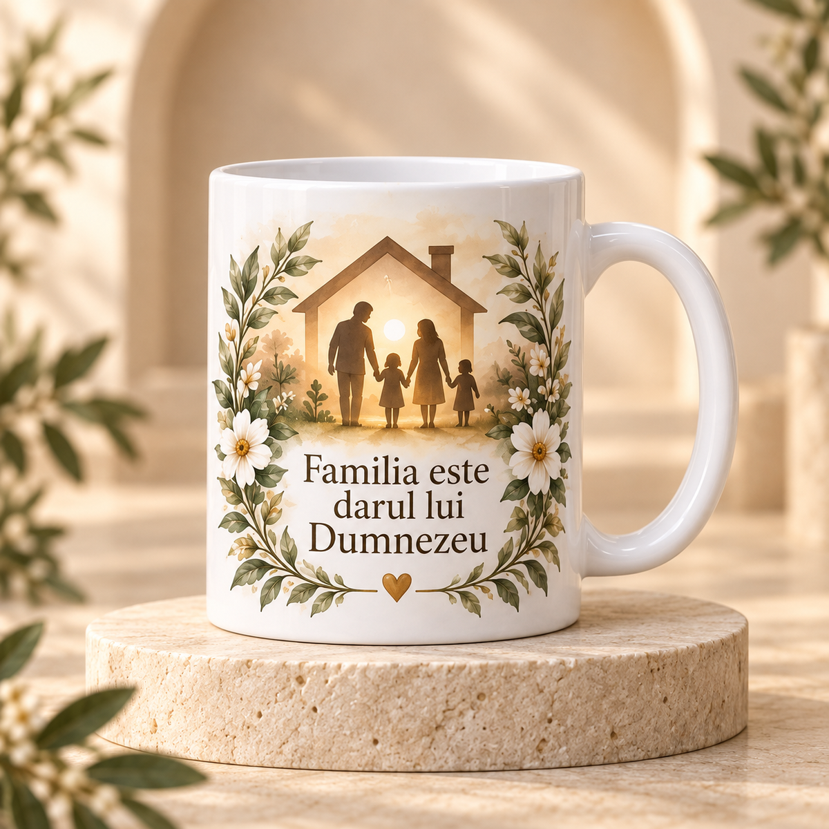 Cană religioasă 330 ml „Familia este darul lui Dumnezeu” – cadou creștin pentru familie