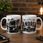 Cană personalizată pentru șofer de TIR cu nume – „Drumul e viața mea”, 330 ml