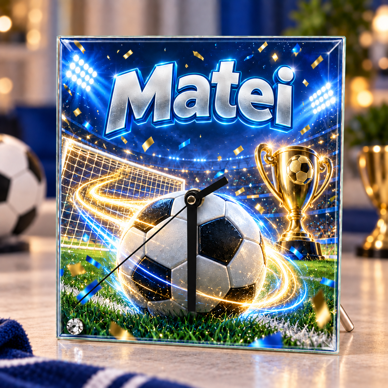 Ceas de birou personalizat pentru copii din sticlă 20×20 cm – Fotbal, Minge, Poartă și Trofeu cu Nume