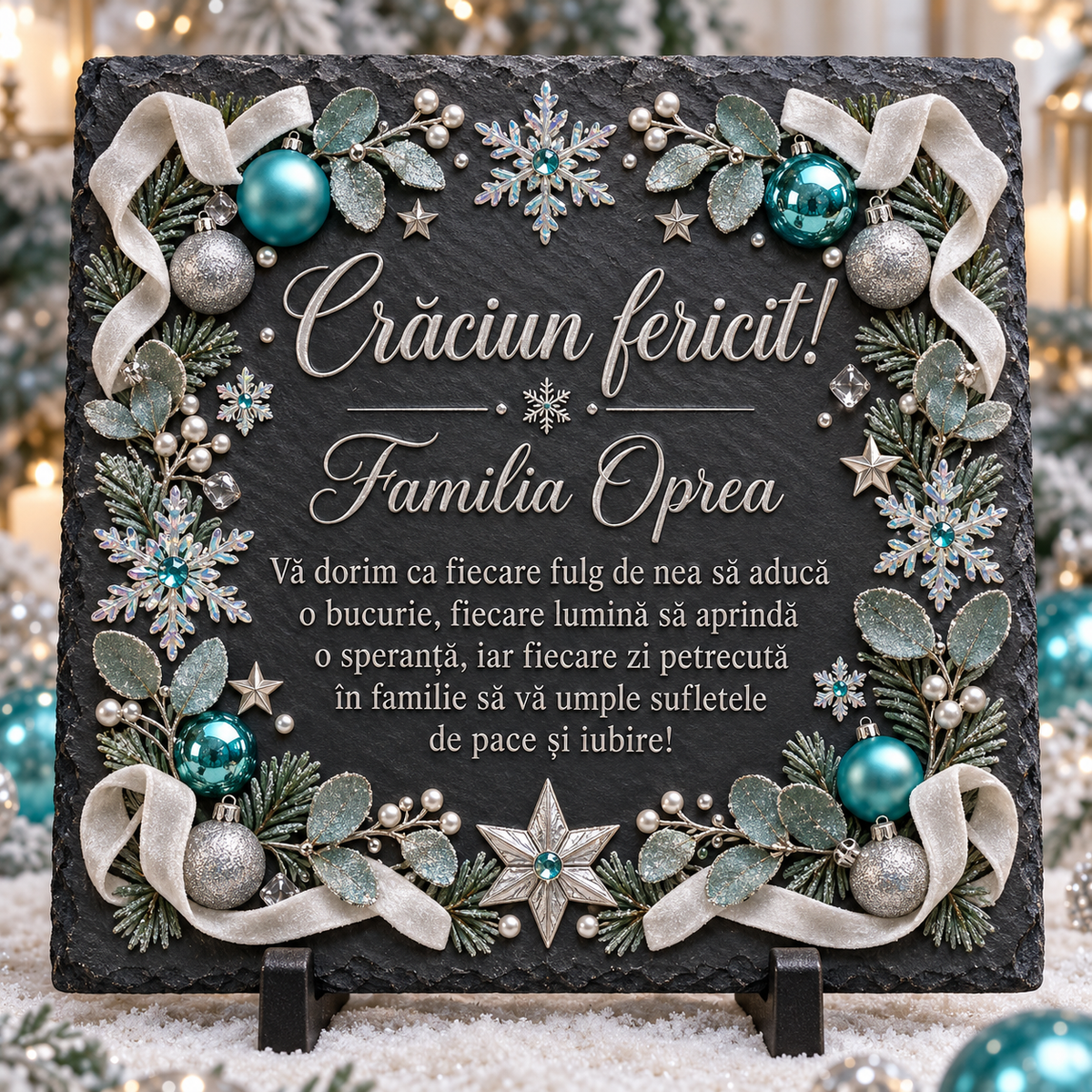 Placă de ardezie personalizată pentru familie 20 × 20 cm – cadou elegant de Crăciun argintiu și turcoaz
