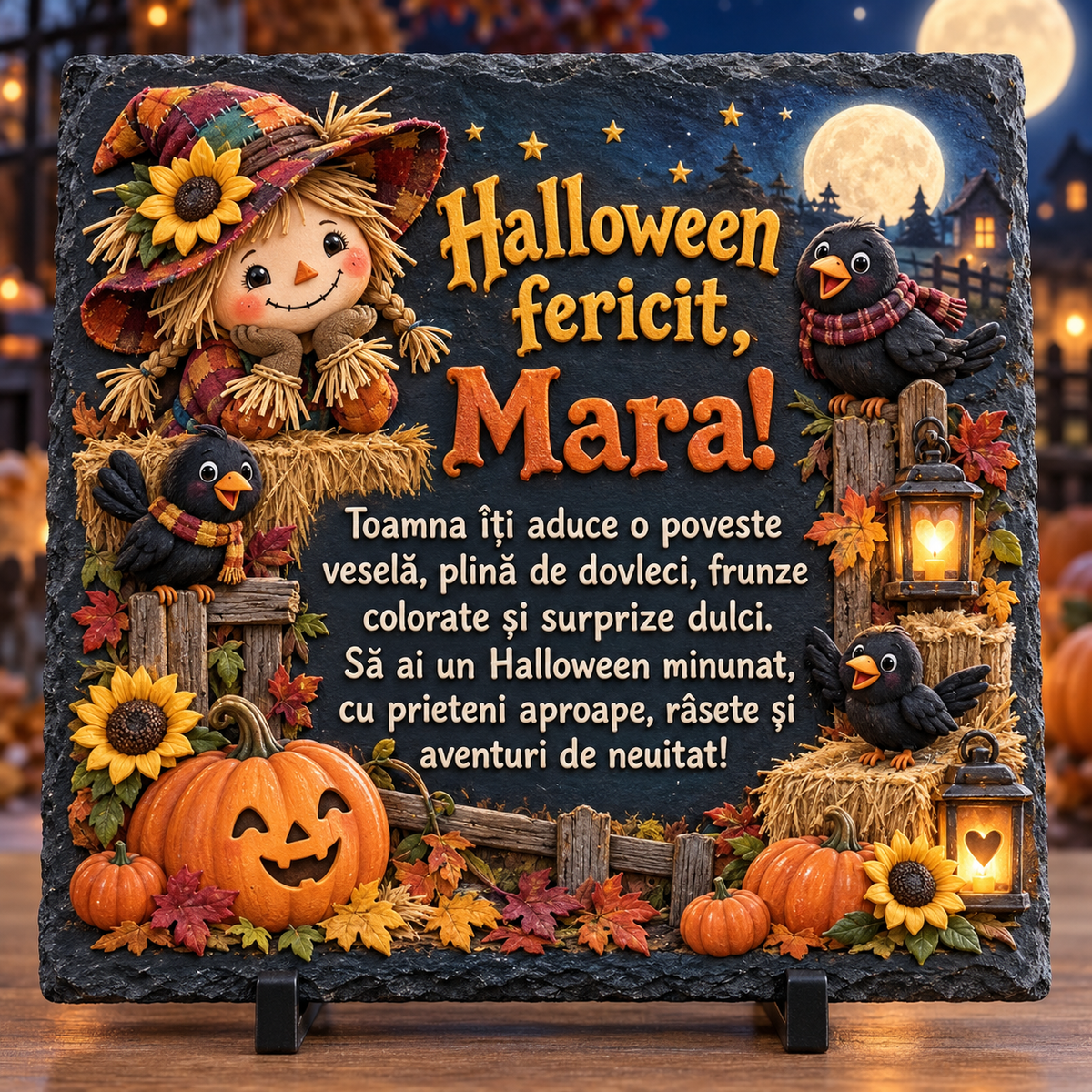 Placă ardezie personalizată Halloween pentru copii 20×20 cm – sperietoare veselă, ciori, dovleci și nume personalizat