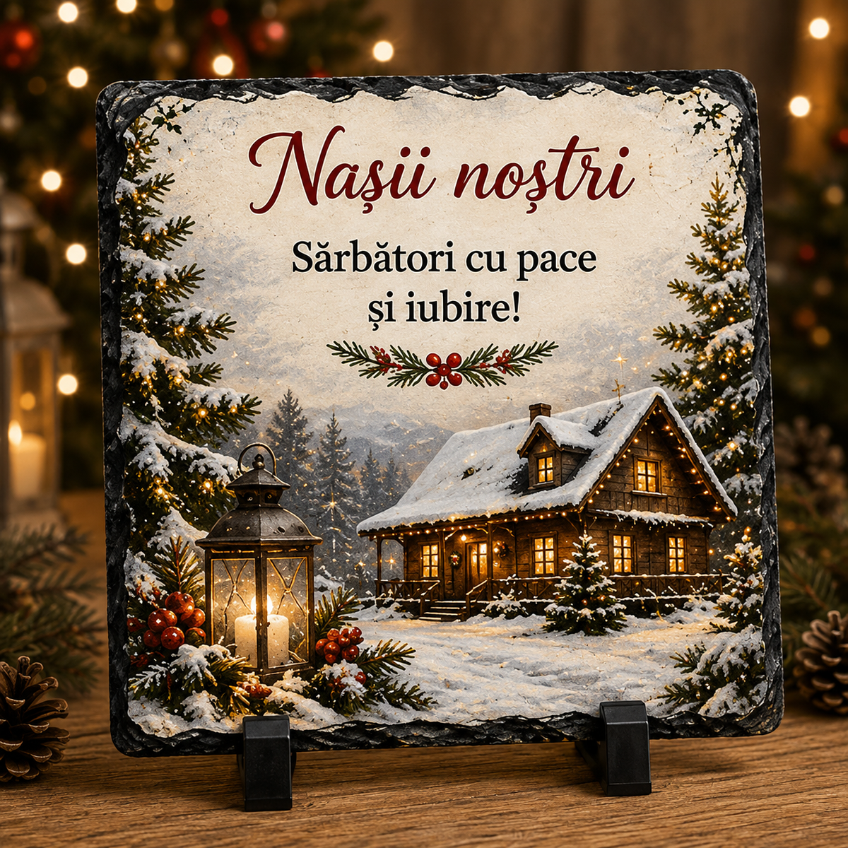 Piatră Ardezie Personalizată de Crăciun pentru Nași 20x20 cm – „Nașii Noștri, Sărbători cu Pace și Iubire!”