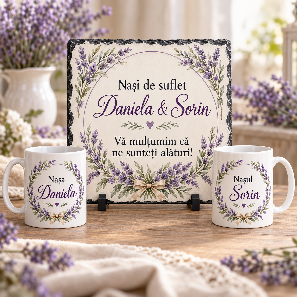 Set Cadou Personalizat pentru Nași cu Lavandă – Ardezie 20x20 cm + 2 Căni 330 ml