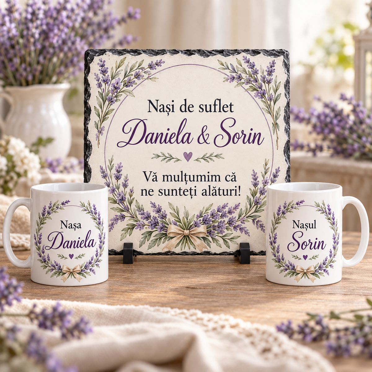 Set Cadou Personalizat pentru Nași cu Lavandă – Ardezie 20x20 cm + 2 Căni 330 ml