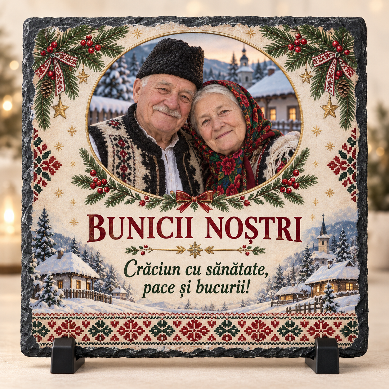 Placă Ardezie Personalizată 20×20 cm pentru Bunici – Cadou de Crăciun cu Poză, Design Tradițional Românesc