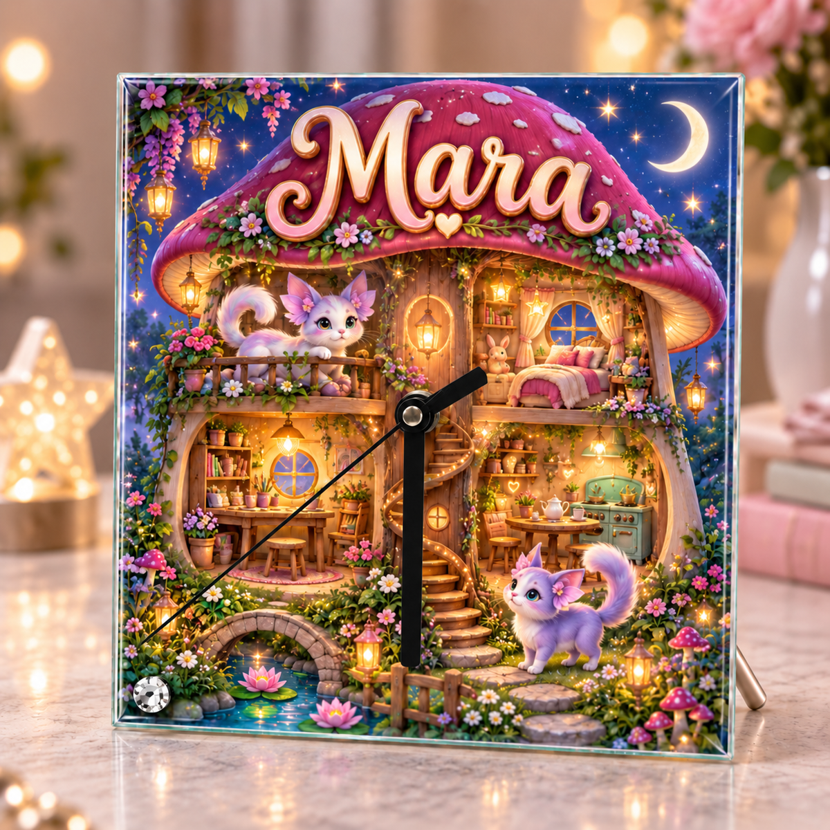 Ceas de birou personalizat pentru fete din sticlă 20×20 cm – Pisicuțe, Căsuță Fermecată și Flori cu Nume