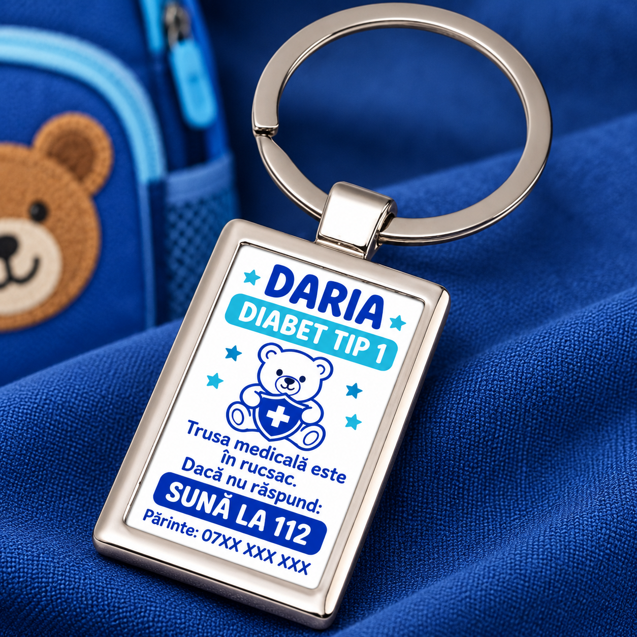 Breloc personalizat pentru copii cu diabet tip 1 – informații de urgență