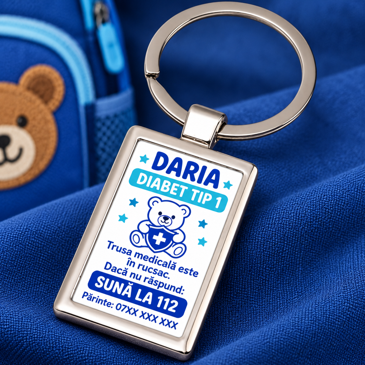 Breloc personalizat pentru copii cu diabet tip 1 – informații de urgență