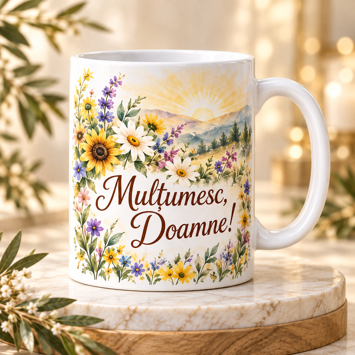 Cană religioasă 330 ml „Mulțumesc, Doamne!” – cadou creștin cu flori