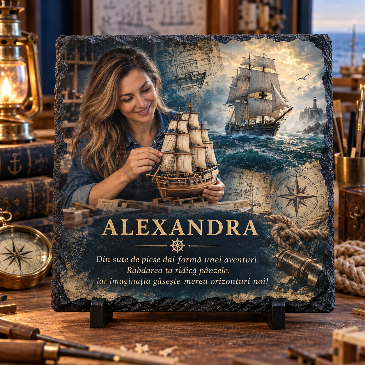 Placă ardezie personalizată 20×20 cm – Cadou pentru pasionații de navomodelism, corăbii și modelism naval