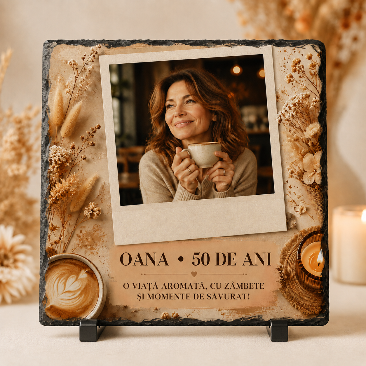 Placă de ardezie personalizată 20×20 cm cu poză – Cadou aniversar pentru femeie, tematică cafea
