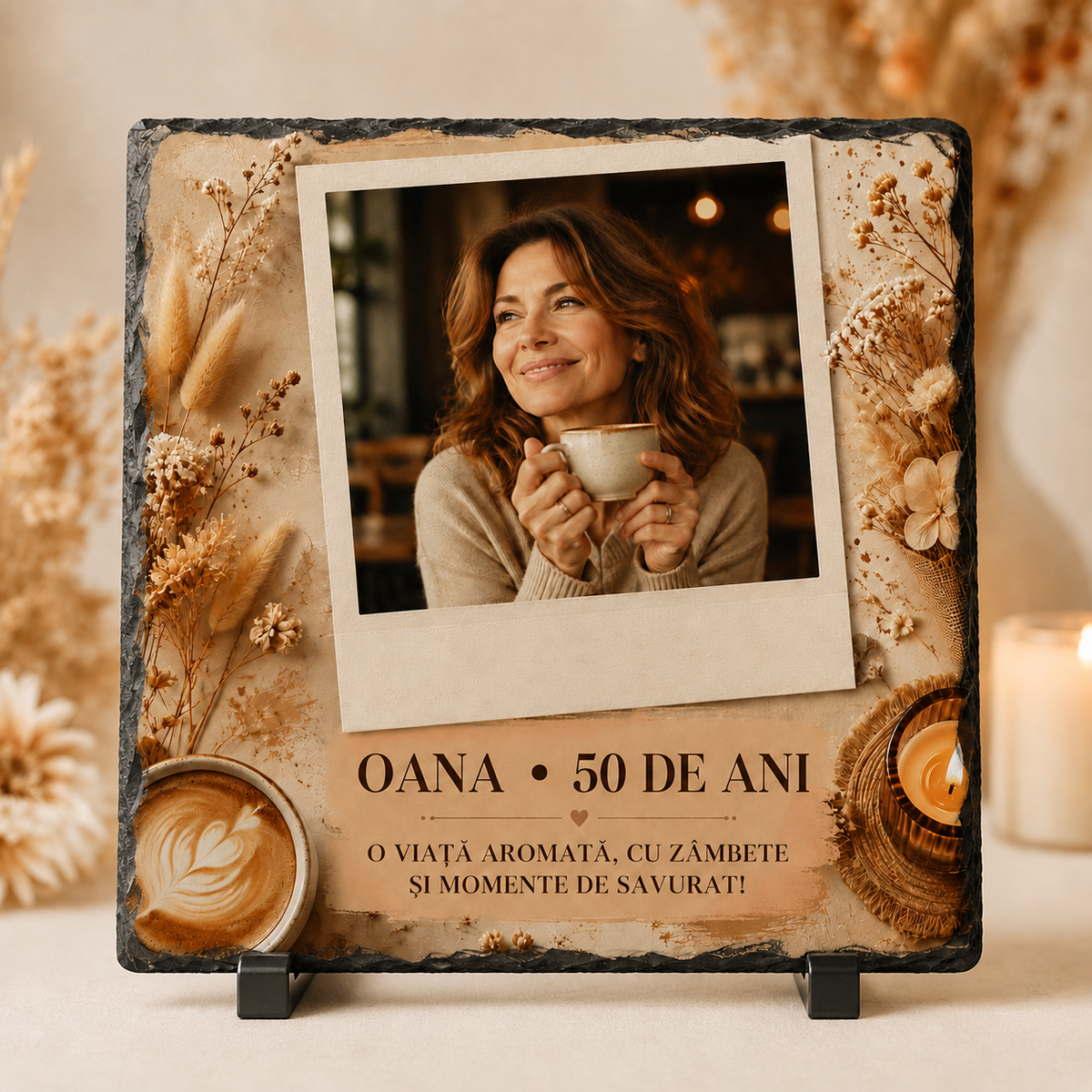 Placă de ardezie personalizată 20×20 cm cu poză – Cadou aniversar pentru femeie, tematică cafea