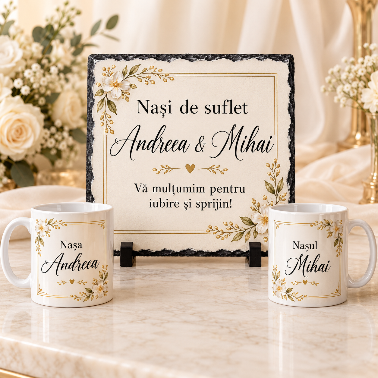 Set Cadou Personalizat pentru Nași Elegant Ivory & Auriu – Ardezie 20x20 cm + 2 Căni 330 ml