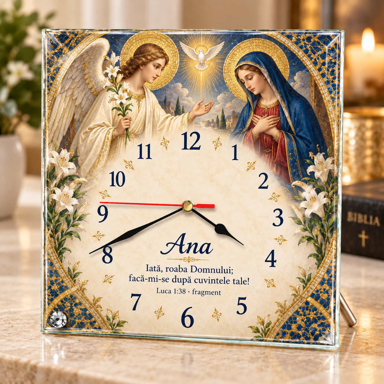 Ceas de Birou Personalizat din Sticlă 20x20 cm – Maica Domnului și Înger | Nume și Verset Biblic