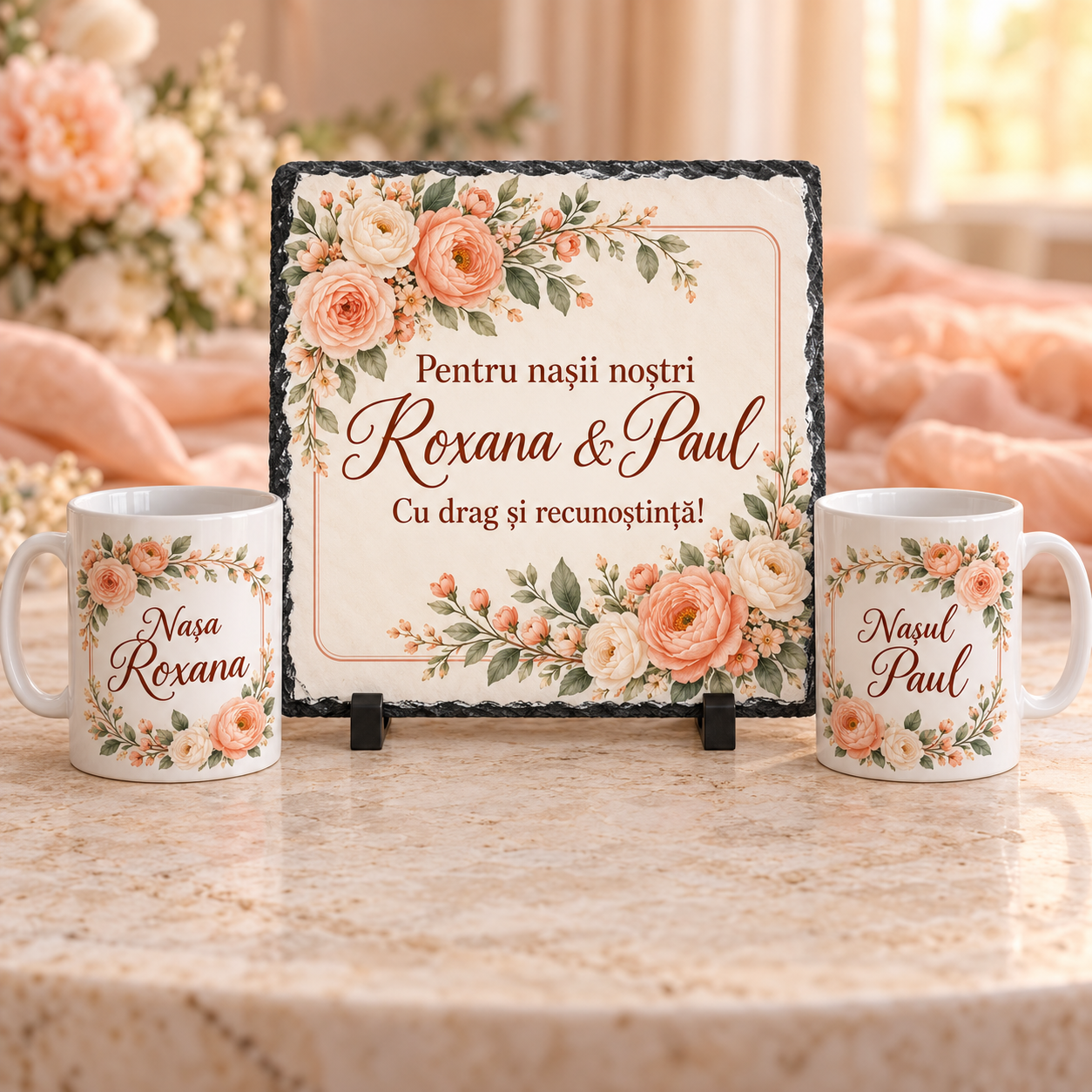 Set Cadou Personalizat pentru Nași cu Trandafiri Piersică – Ardezie 20x20 cm + 2 Căni 330 ml
