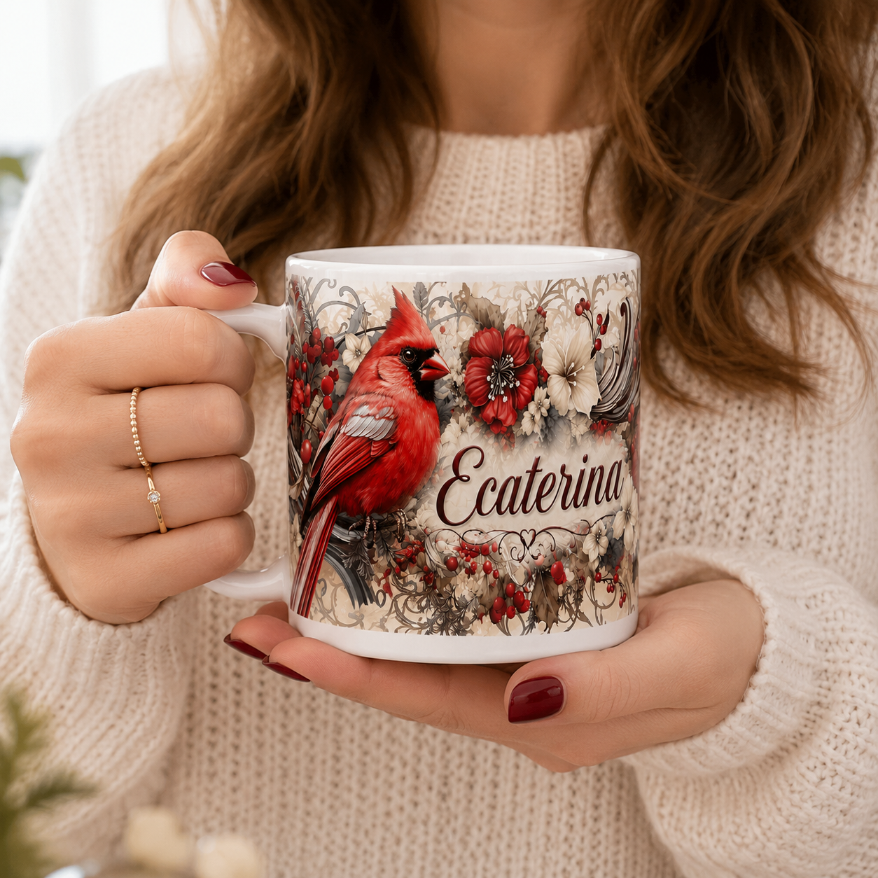 Cană personalizată cu nume și design floral Cardinal – 330 ml | Cadou elegant și unic