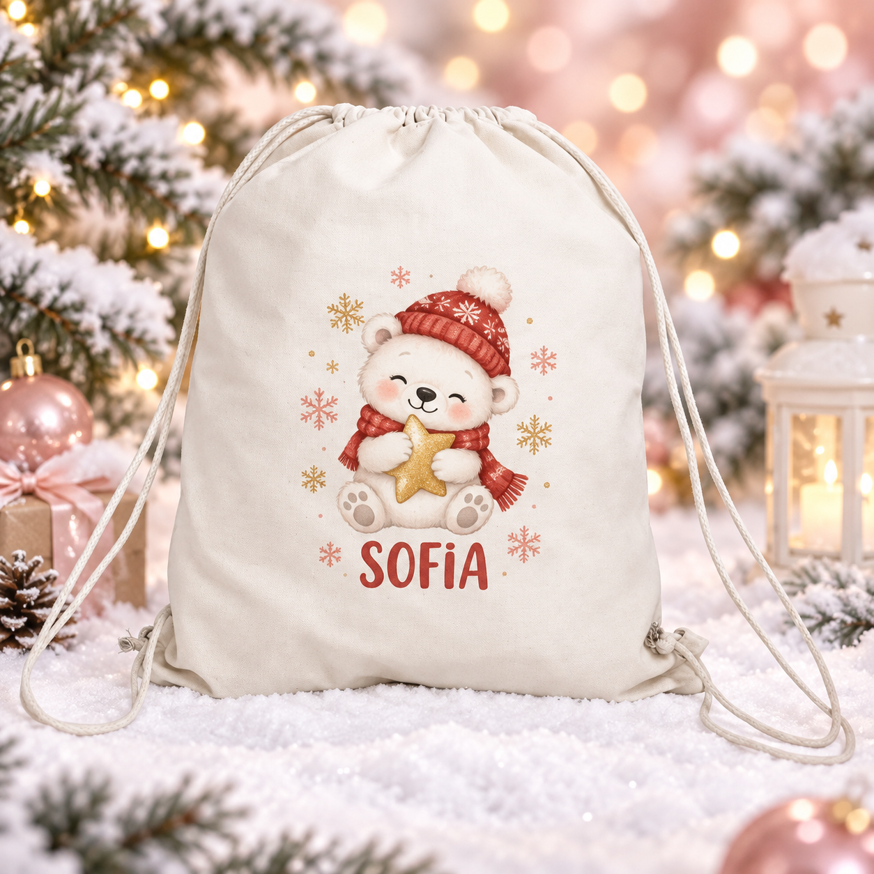 Sac personalizat pentru copii – Ursuleț polar de Crăciun cu nume | Canvas 43 × 34 cm
