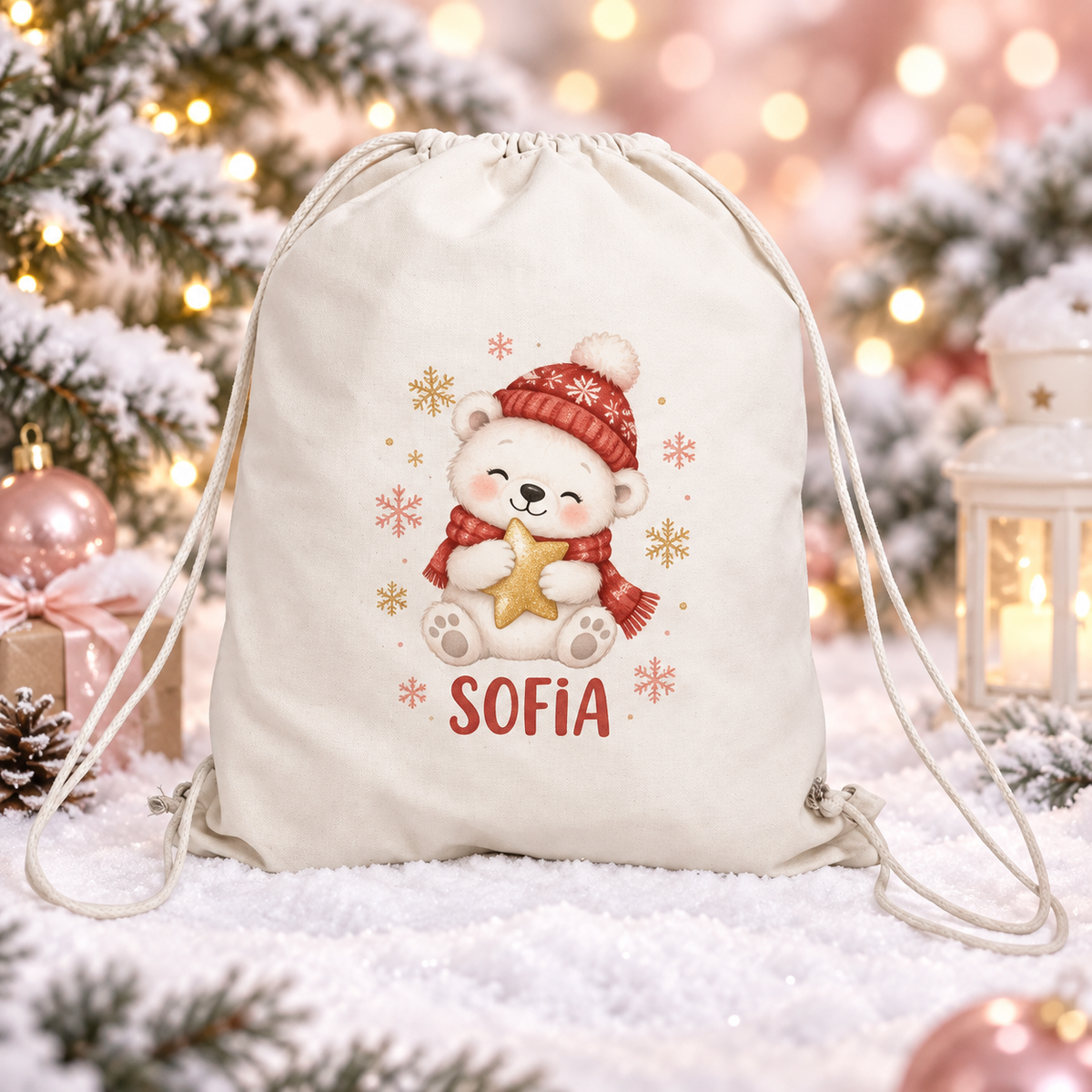 Sac personalizat pentru copii – Ursuleț polar de Crăciun cu nume | Canvas 43 × 34 cm
