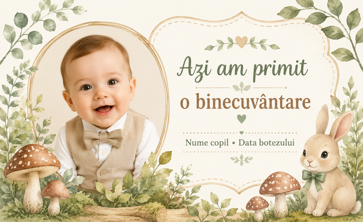 Mărturie de botez băiețel – Magnet de frigider personalizat 9 × 5,5 cm cu iepuraș și tematică de pădure