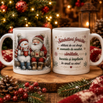 Cană de Crăciun cu Moș Crăciun și om de zăpadă – Cadou cu mesaj de sărbători 🎄🎅☃️