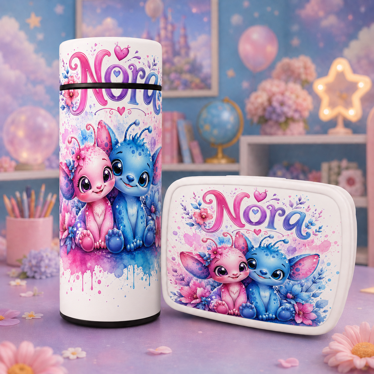 Set personalizat pentru copii cu personaje fantastice – termos 500 ml și cutie pentru prânz