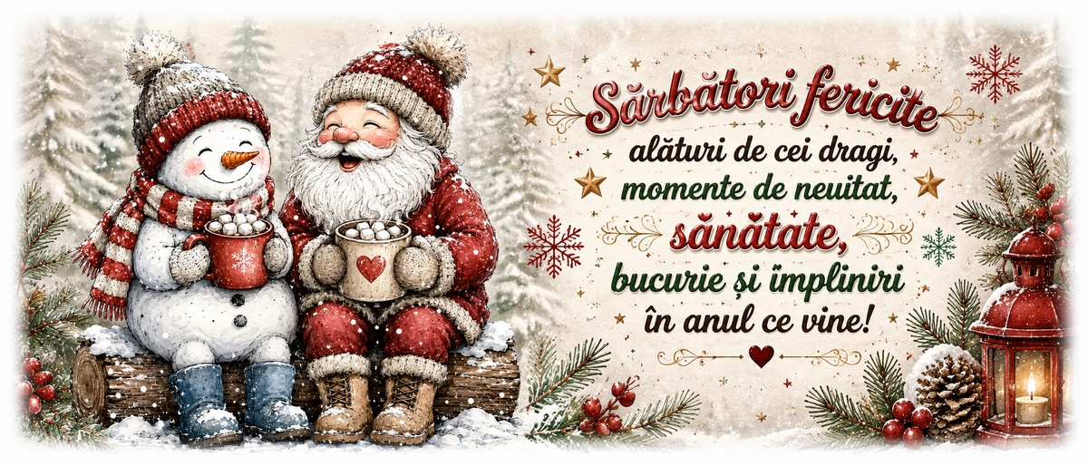 Cană de Crăciun cu Moș Crăciun și om de zăpadă – Cadou cu mesaj de sărbători 🎄🎅☃️