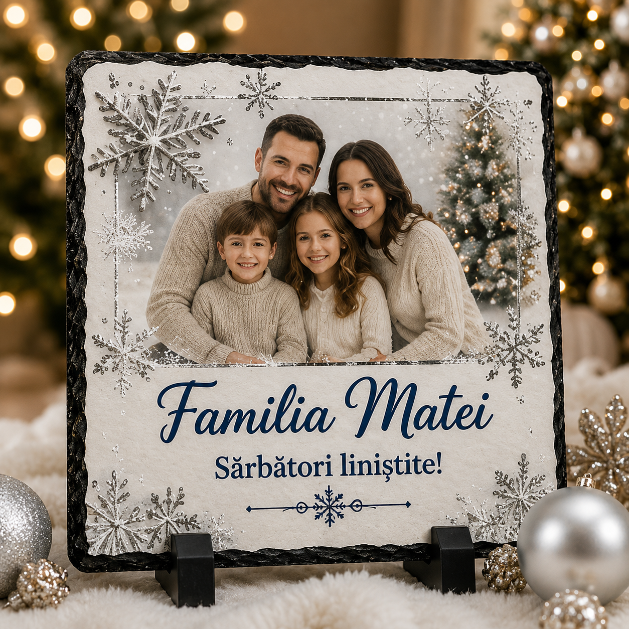 Piatră Ardezie Personalizată de Crăciun pentru Familie 20x20 cm cu Poză – „Sărbători liniștite!”