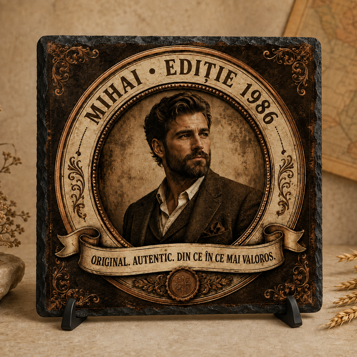 Placă de ardezie personalizată 20×20 cm cu poză – Cadou aniversar vintage pentru bărbați