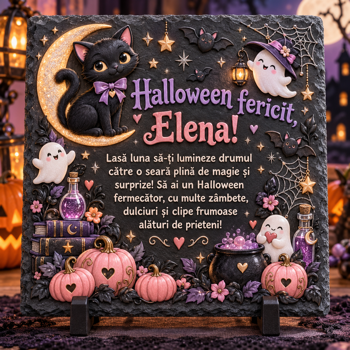 Placă ardezie personalizată Halloween pentru fetiță 20×20 cm – pisicuță neagră, fantome, lună aurie și nume personalizat