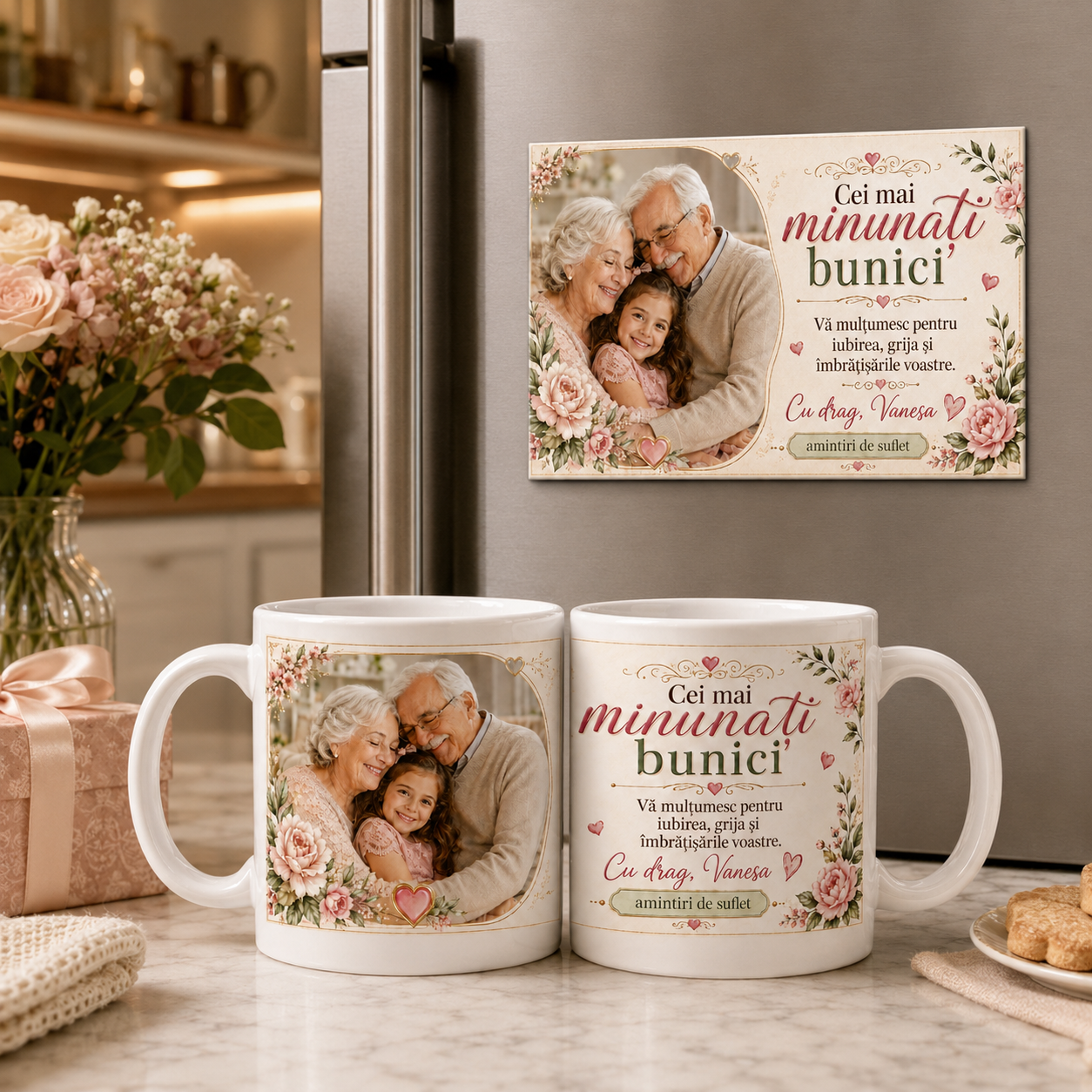 Set cadou personalizat pentru bunici cu o cană albă de 330 ml și magnet de frigider cu fotografie, nume și mesaj