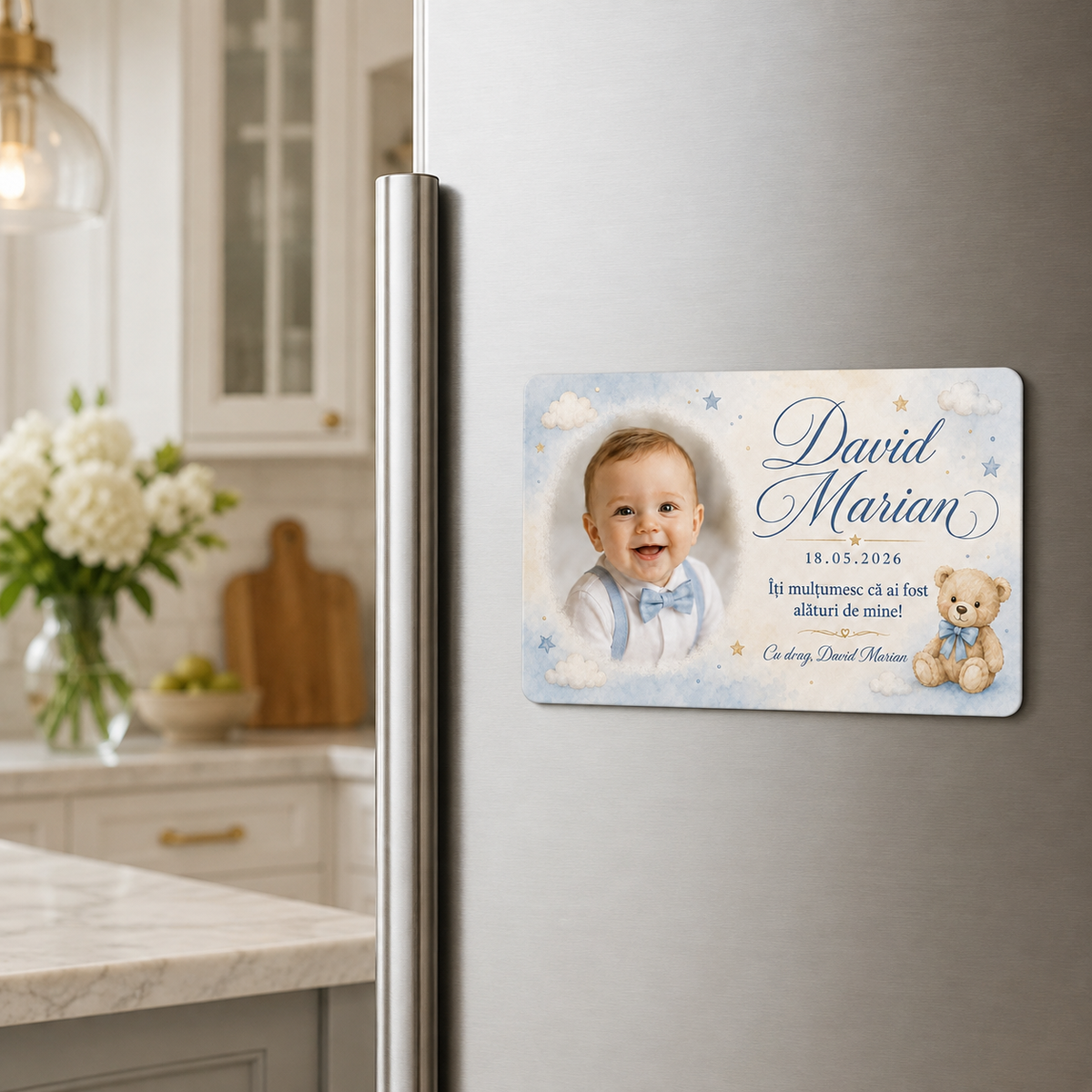 Magnet de frigider personalizat pentru botez cu poză și nume – Mărturie pentru invitați