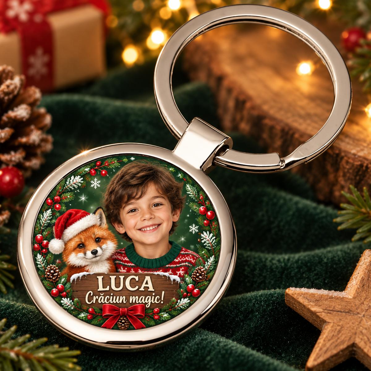 Breloc rotund personalizat cu poză pentru băieți – „Crăciun magic”