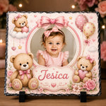 Placă ardezie personalizată pentru fetiță, 20 × 20 cm – model cu ursuleți roz
